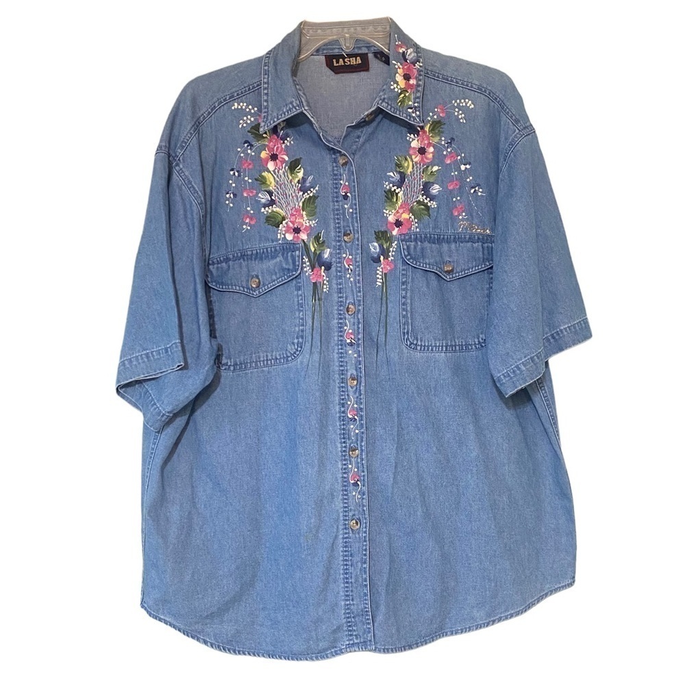 Vintage Denim Hand Painted Floral Top Cotton Wearable Art Sz XL
